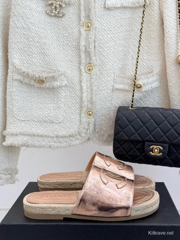 2025 Slippers Chanel Rose Gold Leather Women Espadrille Handmade KFY00230