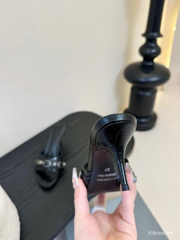 2025 Women Balenciaga Black Leather High Heel Metal Decoration KFY00290