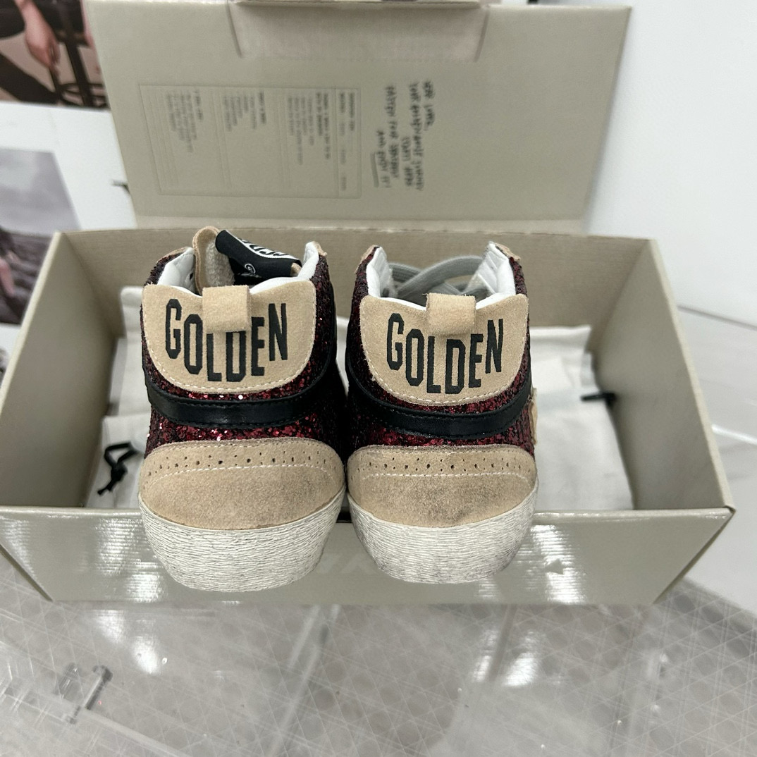 2024 Unisex GGDB Burgundy Beige Glitter Leather High Top Sneakers MJ00300