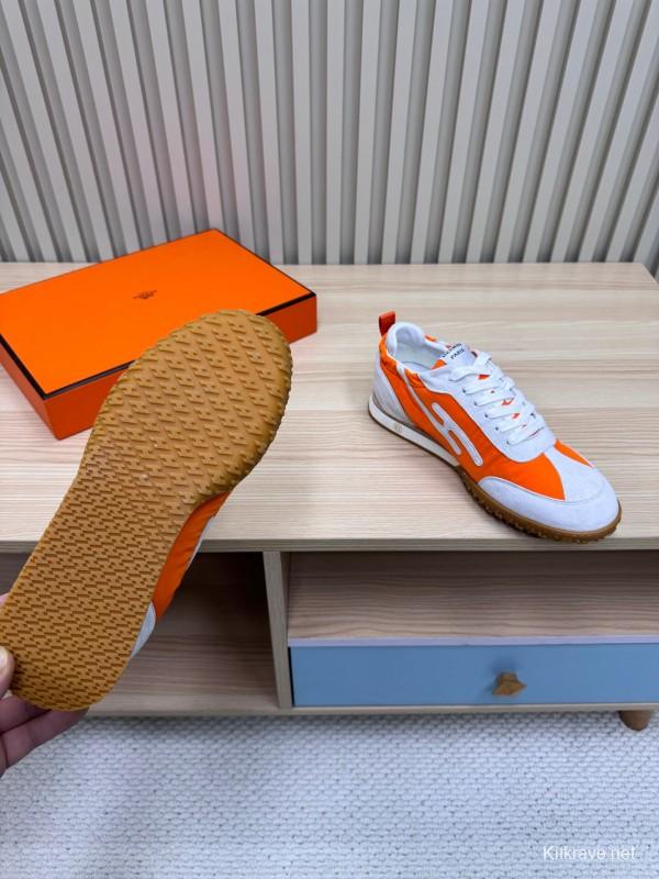 2025 Unisex Hermès Orange White Suede Nylon Sneakers Top Version LY00310