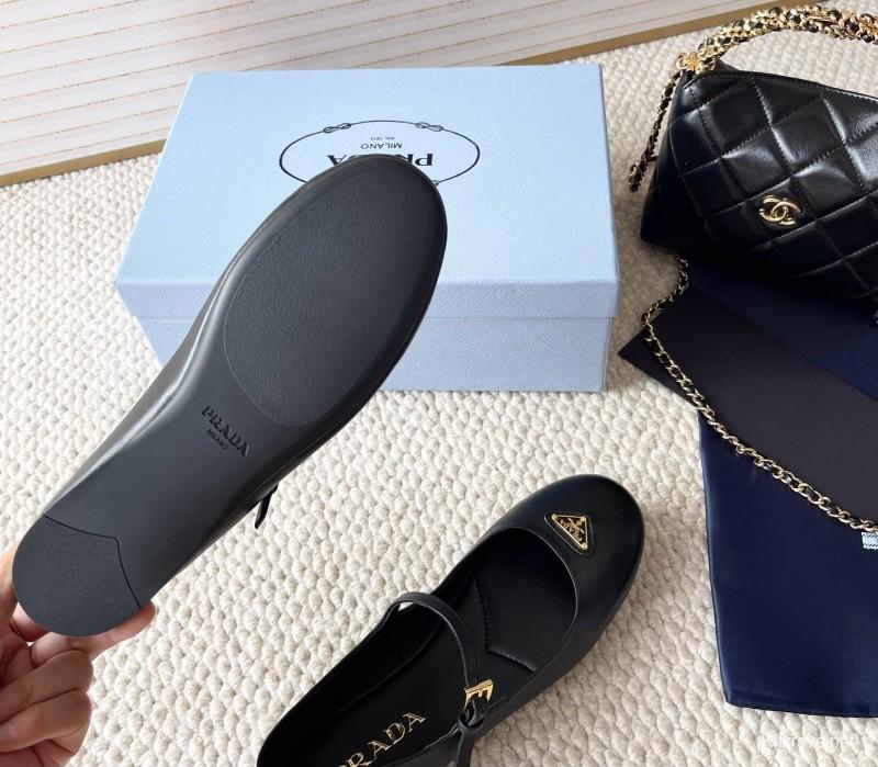 2025 Women Prada Black Leather Mary Jane Flat