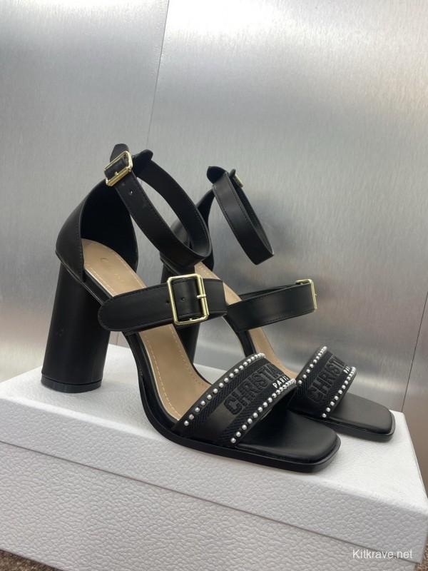 2025 Women Dior Black Leather High Heel Sandals Studded KFY00320