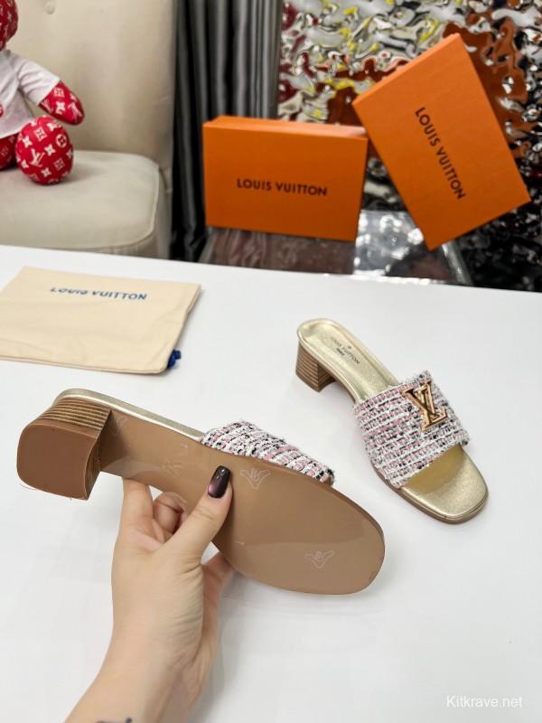 2025 Women Louis Vuitton Pink White Tweed Leather Heeled Mules LY00220