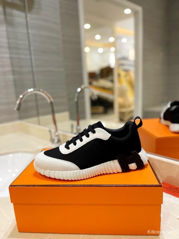 2024 Unisex Hermès black white fabric sneakers