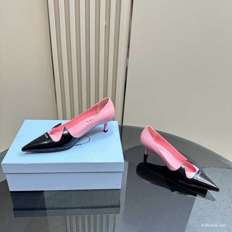 2025 Women Prada Pink Black Leather Pointed Toe Low Heel KFY00310