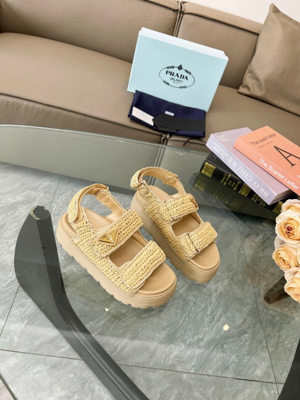 2025 Women Prada Beige Braided Leather Platform Sandals LY00300
