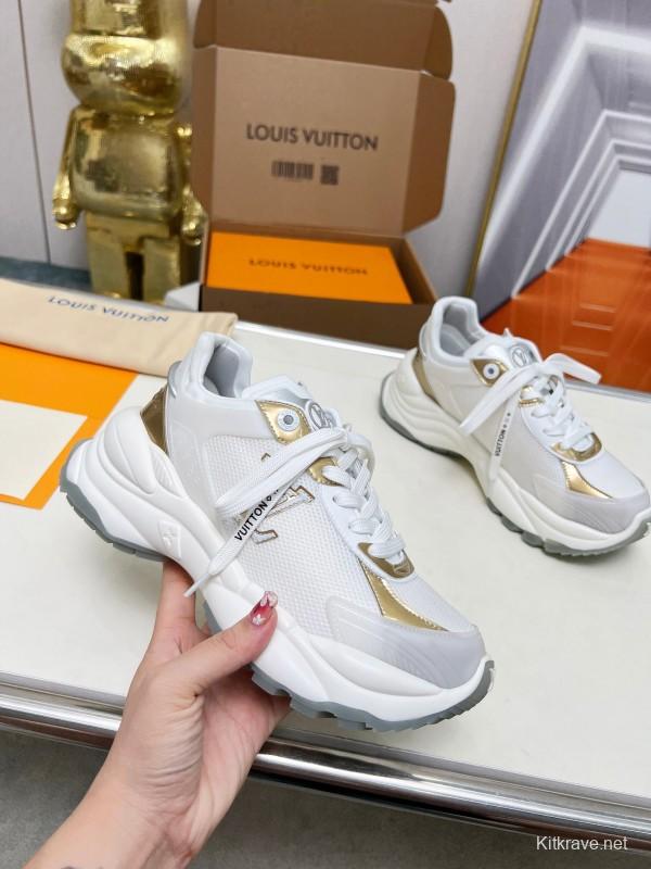 2025 Women Louis Vuitton White Gold Leather Mesh Sneakers LY00340