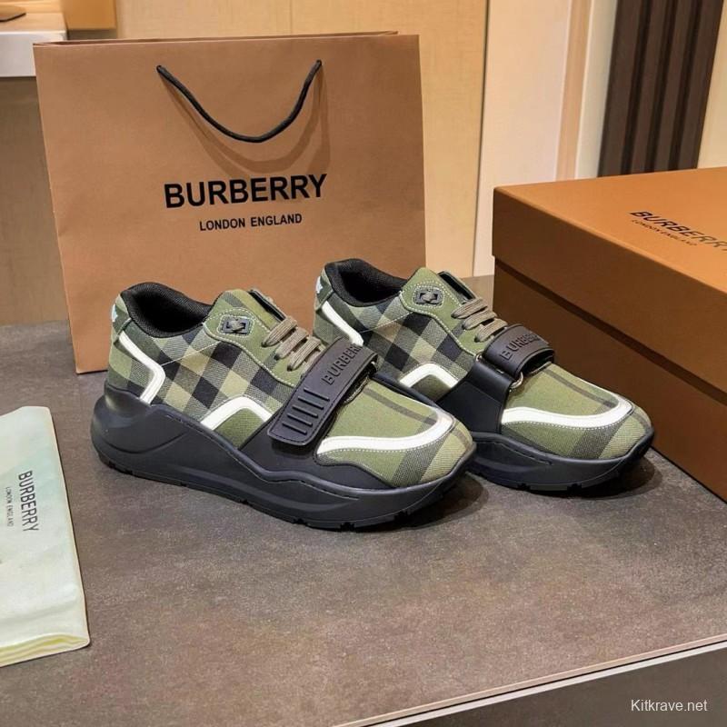 2025 Unisex Burberry Green Black Cotton Calfskin Suede Sneakers MJ00360(W)
