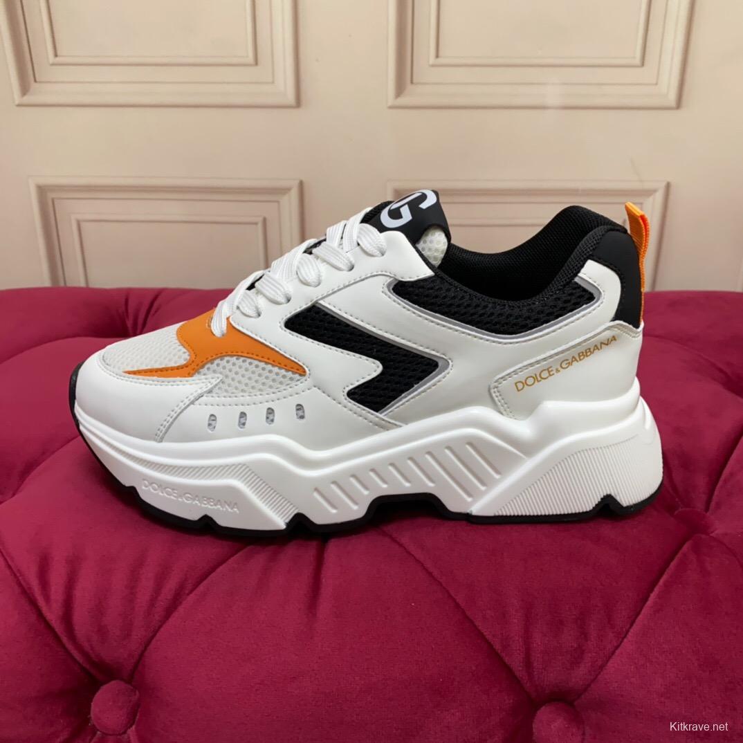 2025 Unisex Dolce & Gabbana White Black Orange Leather Lycra Sneakers LY00330(F)/LY00340(M)