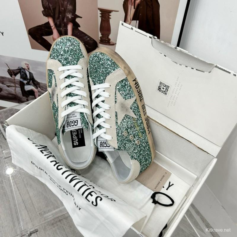 2025 Women GGDB Green White Suede Leather Star Sneakers