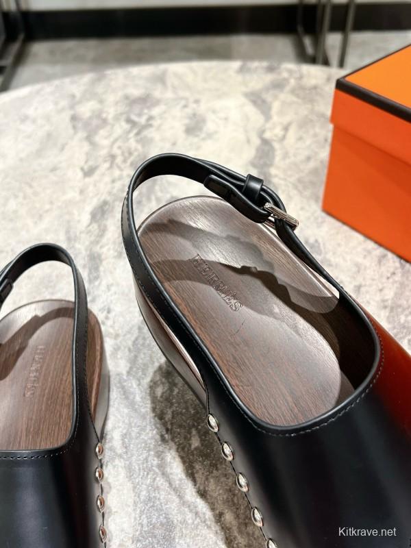 2025 Women Hermès Black Leather Sandals