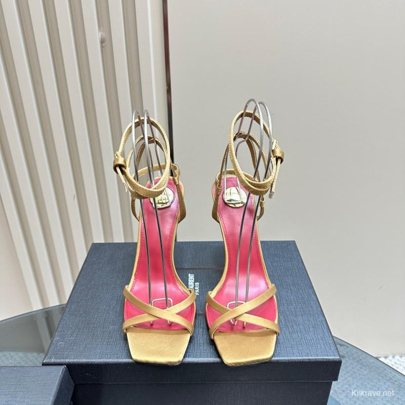 2025 Women Yves Saint Laurent Yellow Silk Strappy Heels