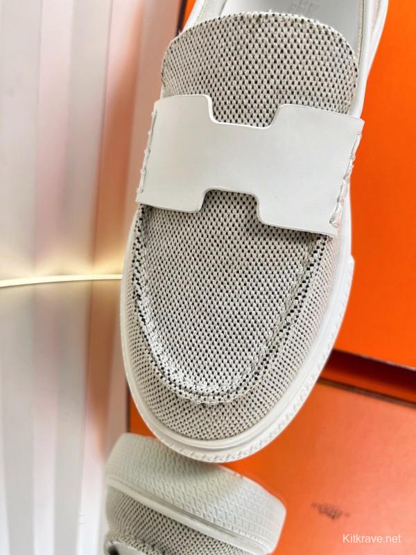 2025 Women Hermès White Mesh Leather Casual Loafers LY00310