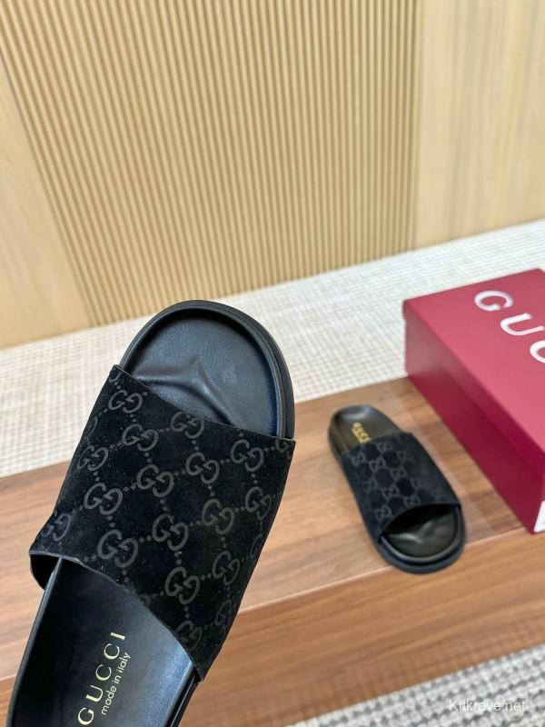 2025 Women Gucci Black Suede Leather Slippers