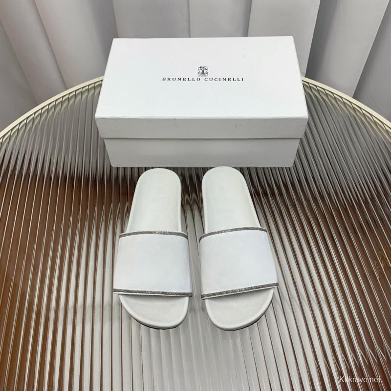 2025 Unisex Brunello Cucinelli White Imported Suede Flat Slide Sandals Handmade Beaded Chain Inlay KFY00240