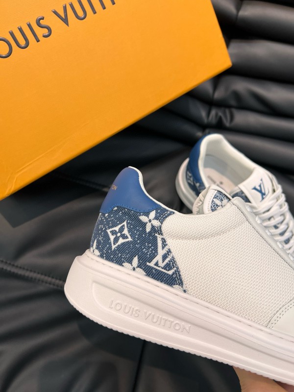2024 Men Louis Vuitton White Blue Mesh Leather Sneakers MJ00400