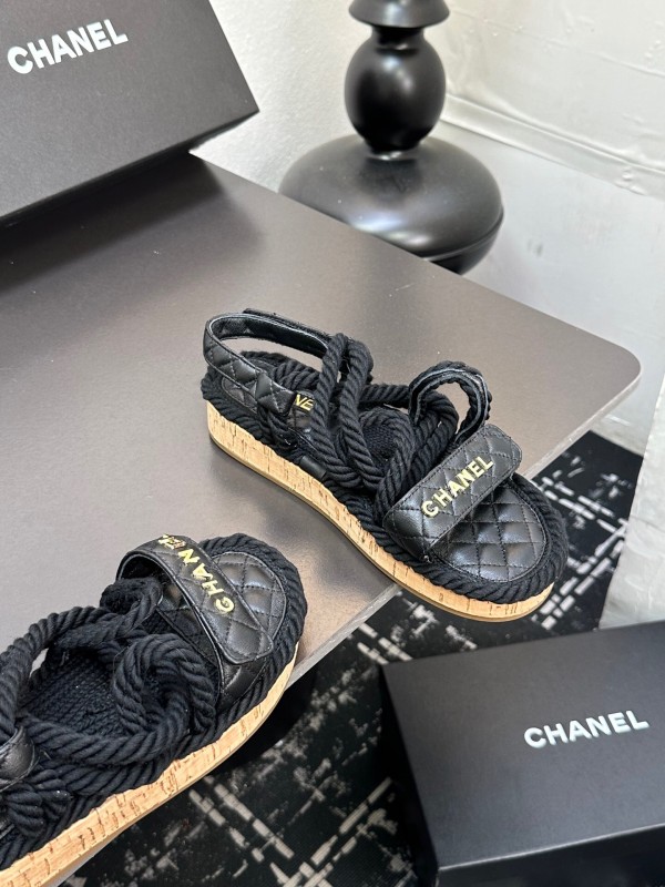 2025 Slippers Chanel Black Rope Leather Sandal LY00260