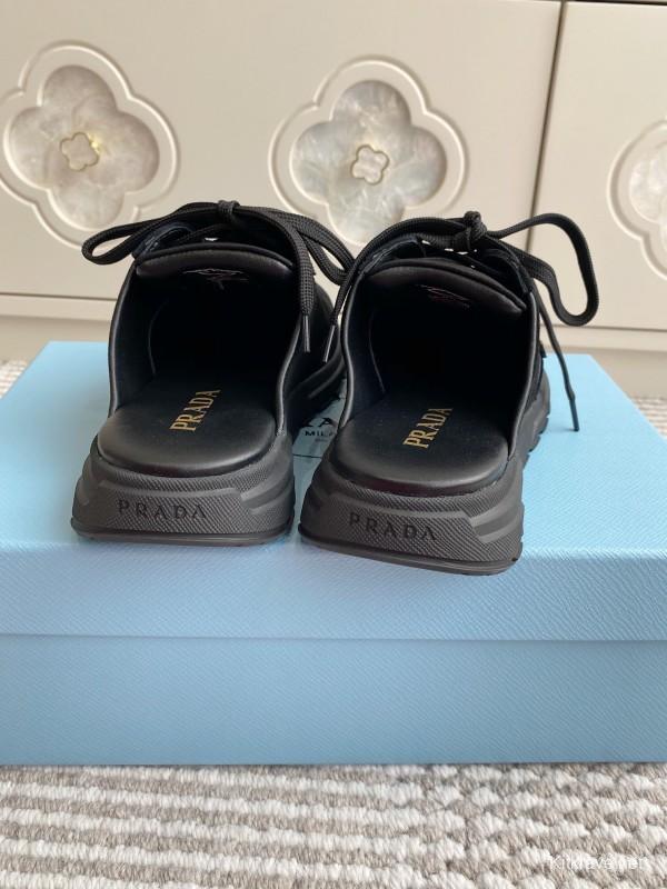 2025 Women Prada Black Nylon Leather Sneakers LY00290