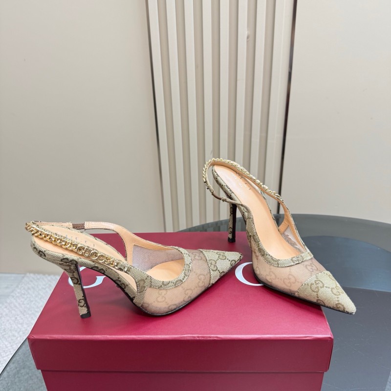 2025 Women Gucci Beige Mesh Fabric High Heel Pumps With Gold Chain Detailing KFY00300(F)
