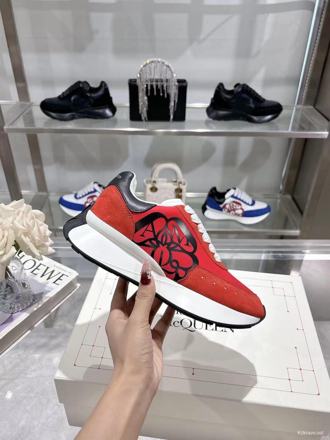 2025 Women Alexander McQueen Red Black Leather Suede Sneakers LY00340