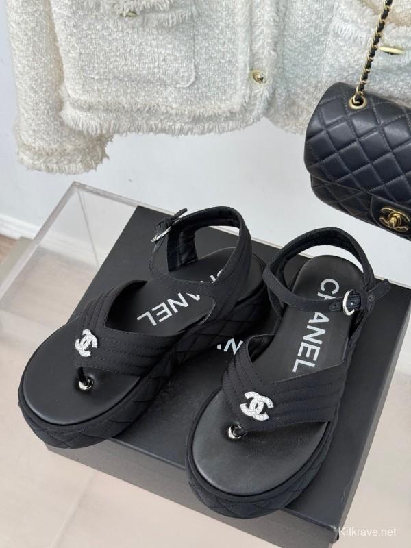 2025 Women Chanel Black Fabric Platform Sandals
