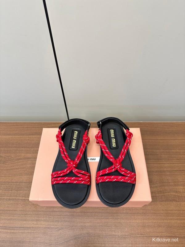 2025 Women Miu Miu Red Rope Leather Sandals LY