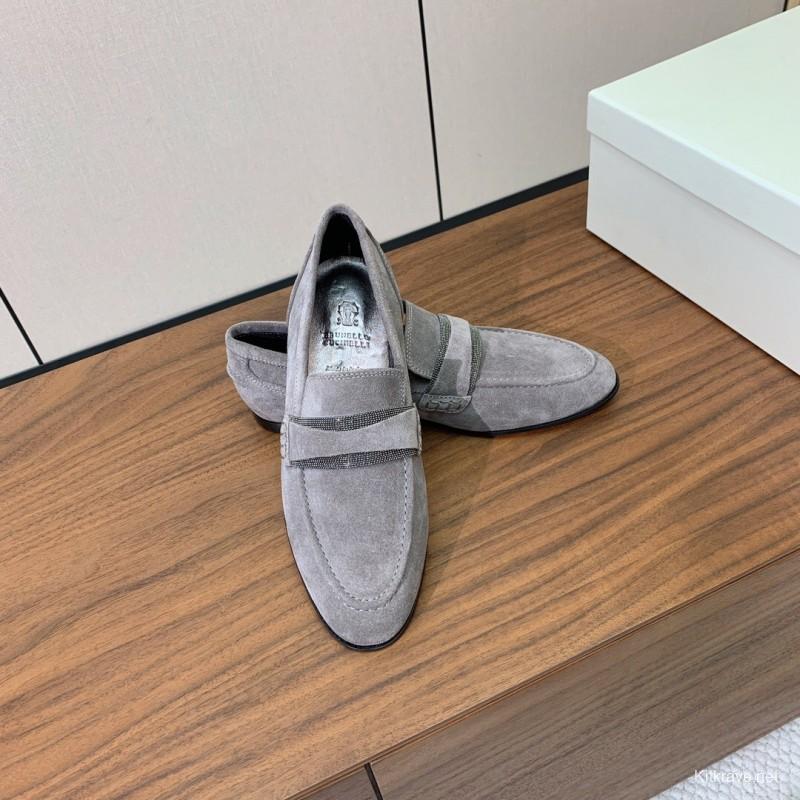 2025 Men Brunello Cucinelli Grey Suede Loafers Handcrafted Leather Sole KFY00300(M)