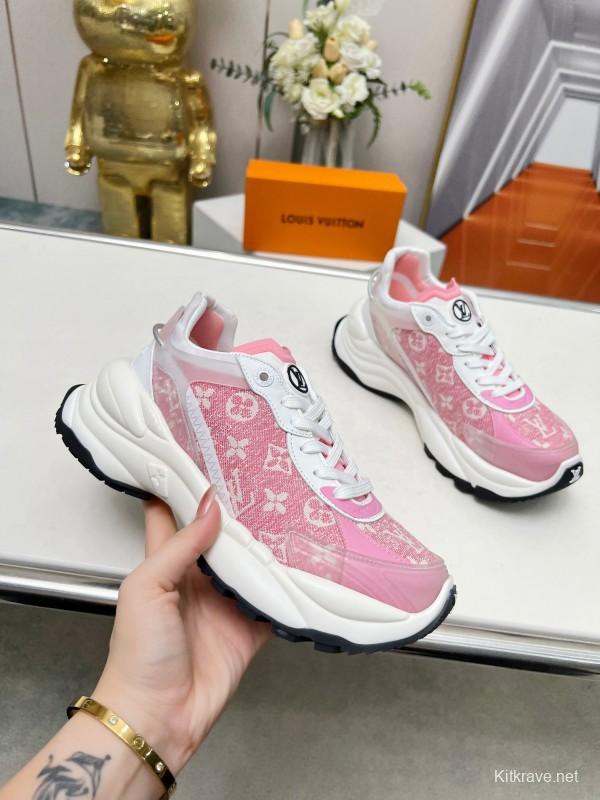 2025 Women Louis Vuitton Pink White Canvas Leather Sneakers