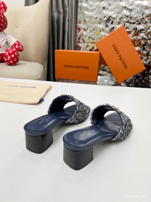 2025 Women Louis Vuitton Navy White Tweed Leather Heeled Sandals LY00220