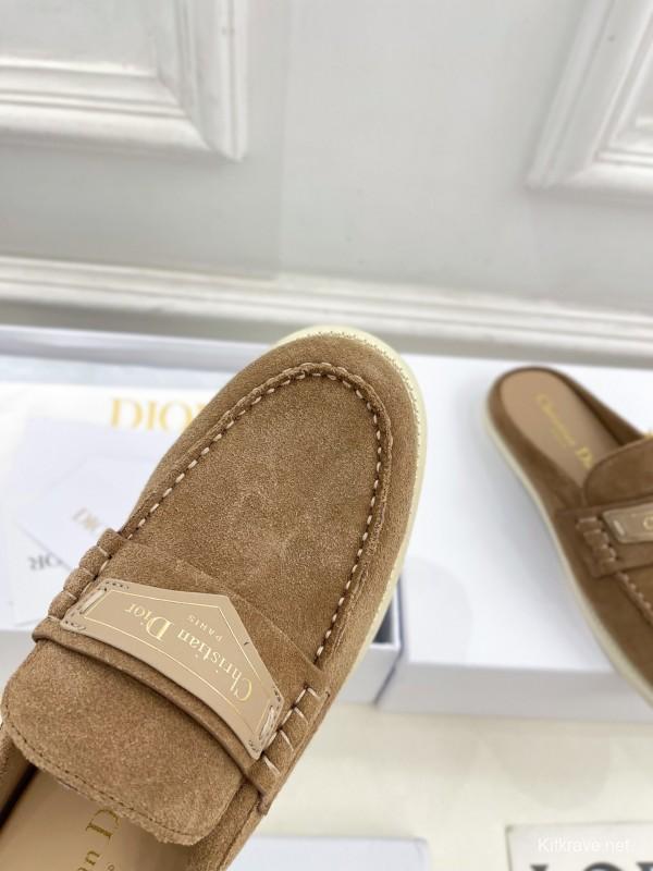 2025 Women Dior Brown Suede Mule Loafers Casual Handmade Slip-on LY00360(F)