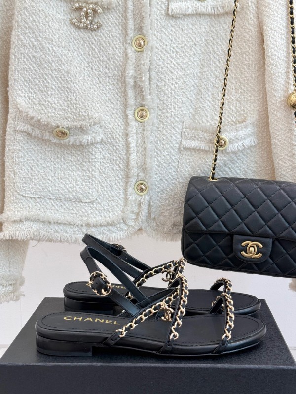 2025 Women Chanel Black Leather Slingback Sandals Chain KFY00270