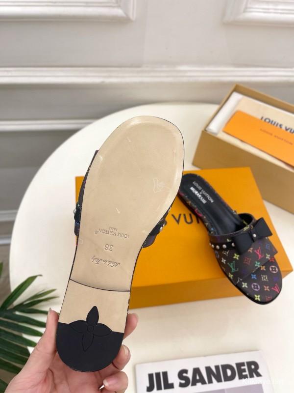 2025 Slippers Louis Vuitton Black Leather Flat Bow MJ00290