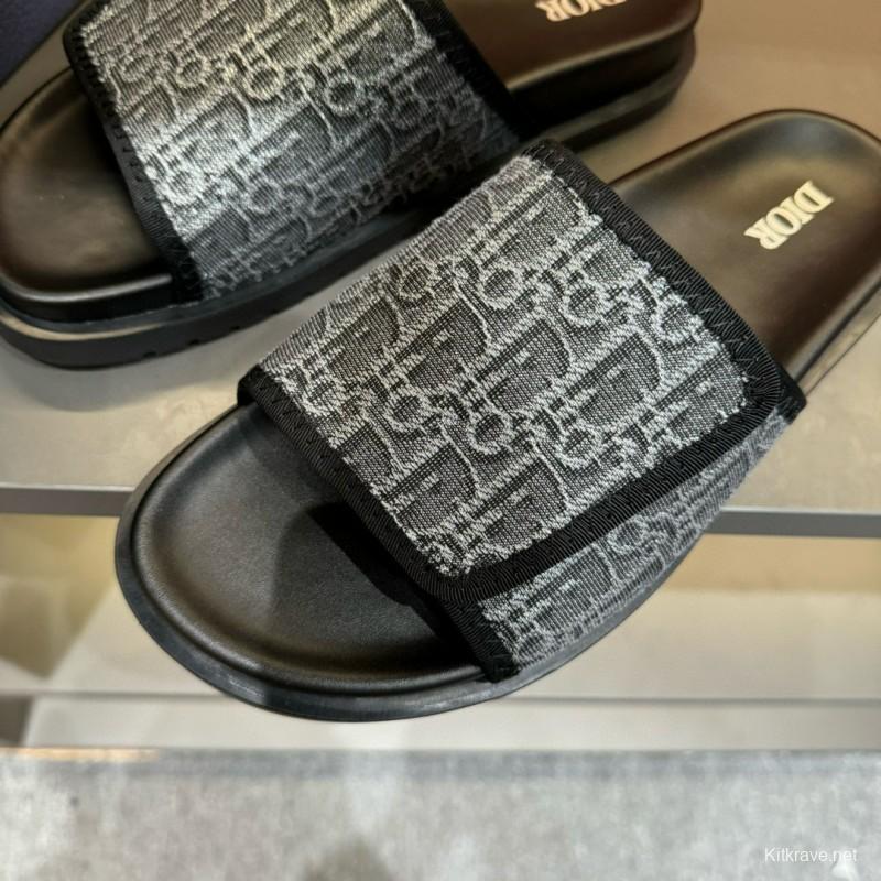 2024 Dior black grey canvas leather Slippers MJ00180