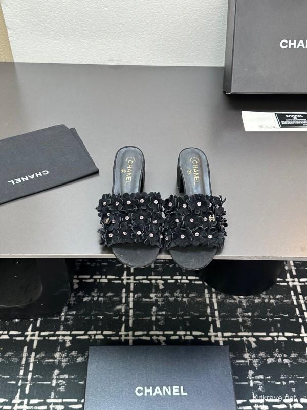 2025 Women Chanel Black Suede Heeled Slippers
