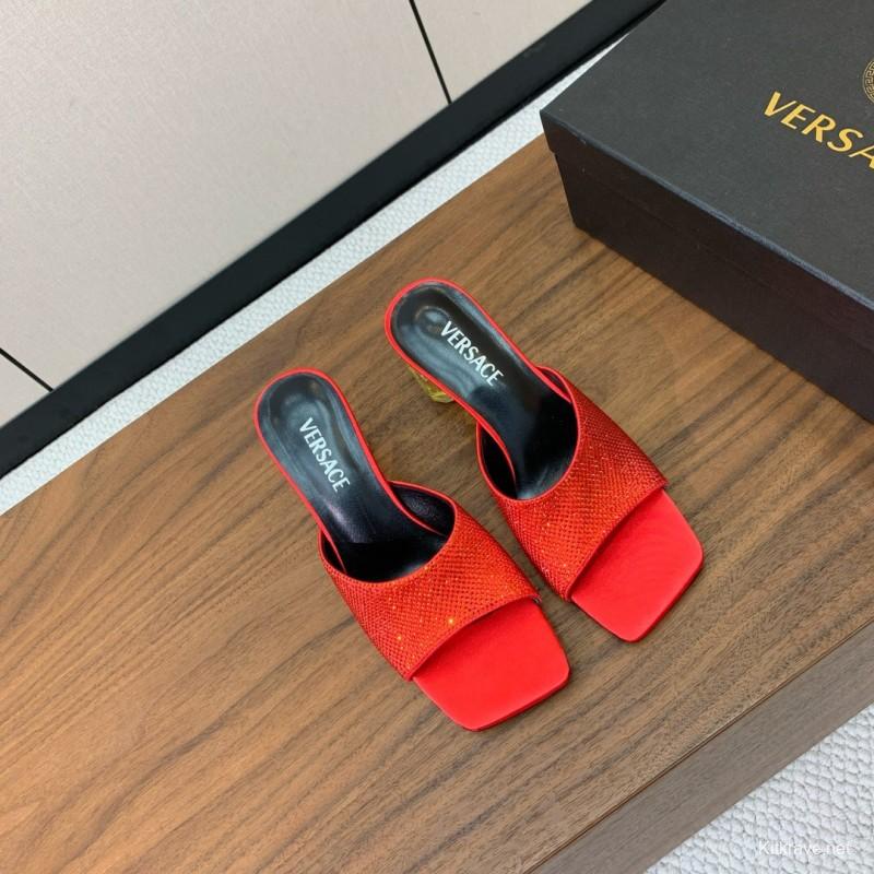 2025 Women VERSACE Red Leather Suede Slip-on Sandals