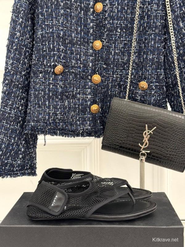 2025 Women YSL Black Mesh Sandals