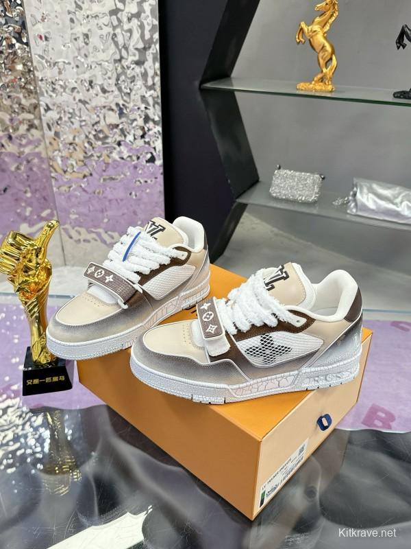 2024 Unisex Louis Vuitton White Brown Leather Mesh Plimsolls Waxed Vintage MJ00500