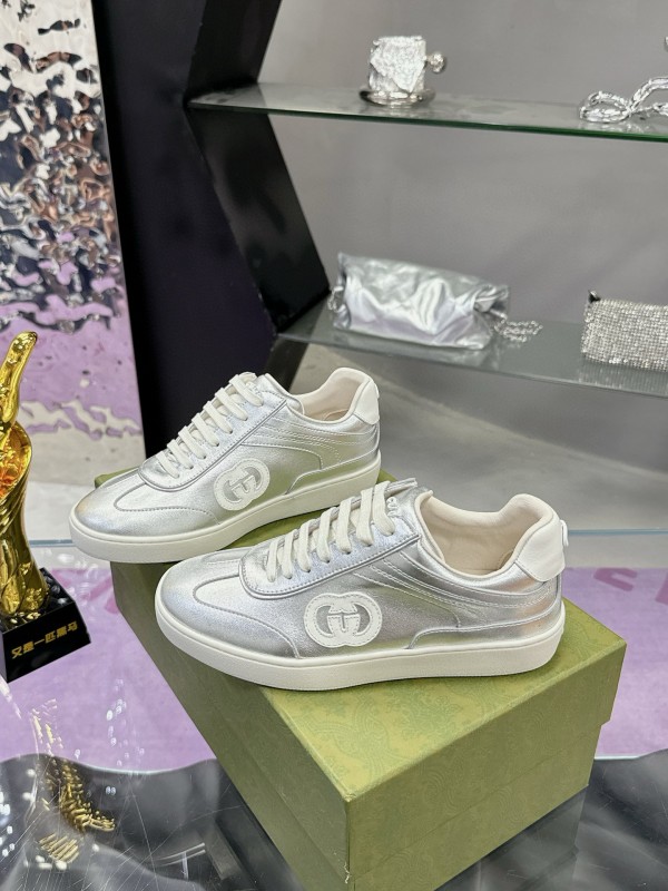 2024 Unisex Gucci Silver White Leather Suede Sneakers MJ00310