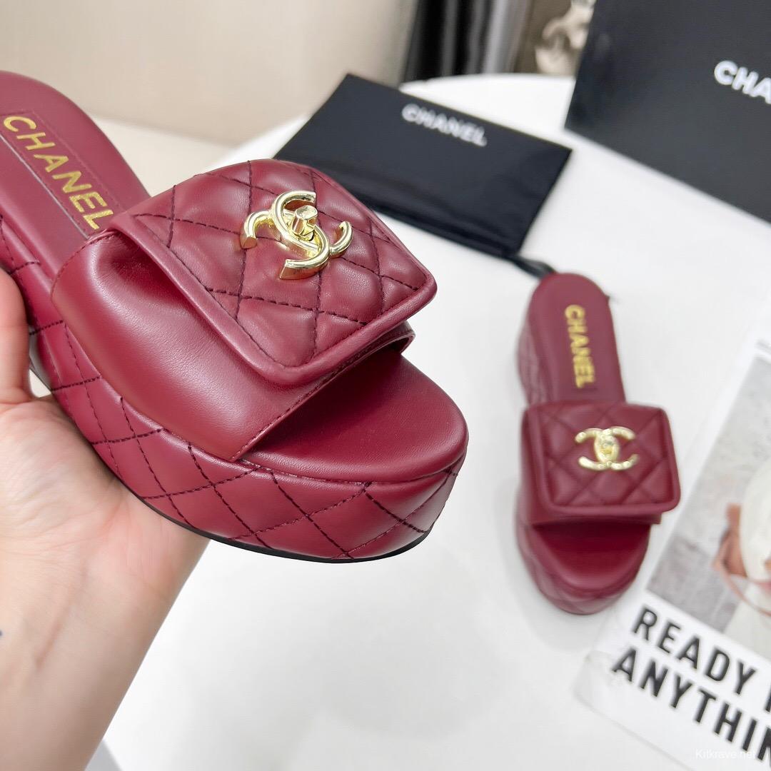 2025 Women Chanel Burgundy Leather Platform Sandals