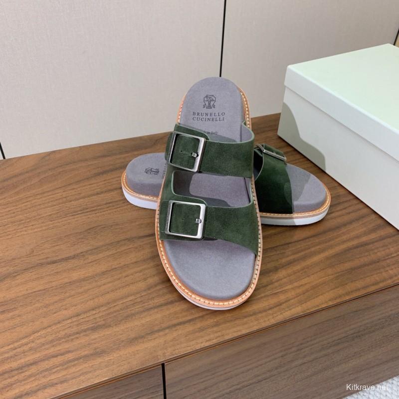 2025 Unisex Brunello Cucinelli Green Suede Leather Slippers KFY00250