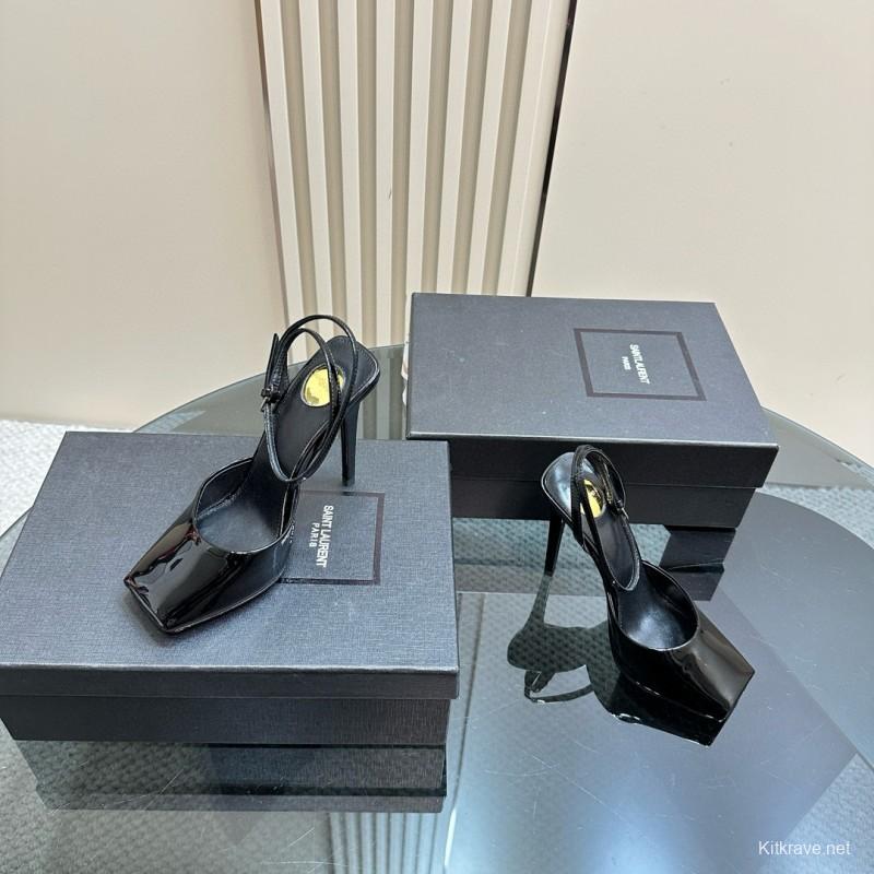 2025 Women Yves Saint Laurent Black Patent Leather Slingback Pumps MJ00280