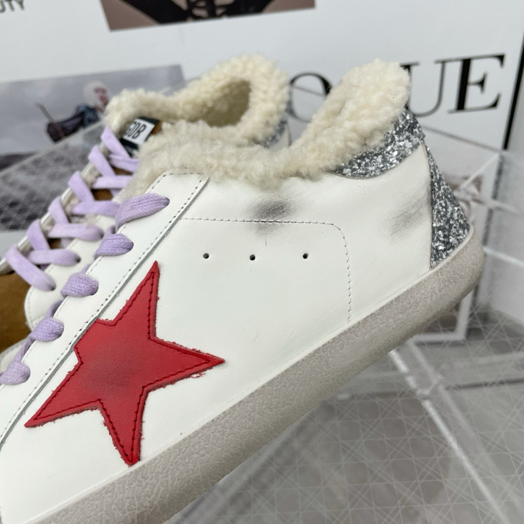 2025 Women GGDB White Red Brown Leather Shearling Sneakers