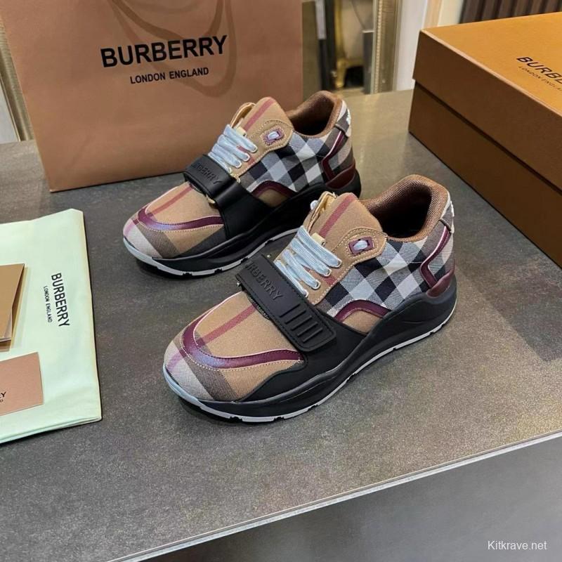 2025 Unisex Burberry Beige Black White Cotton Calfskin Suede Sneakers Vintage Pattern MJ00360(F)