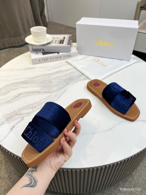 2025 Women Chloe Navy Velvet Slippers LY00200