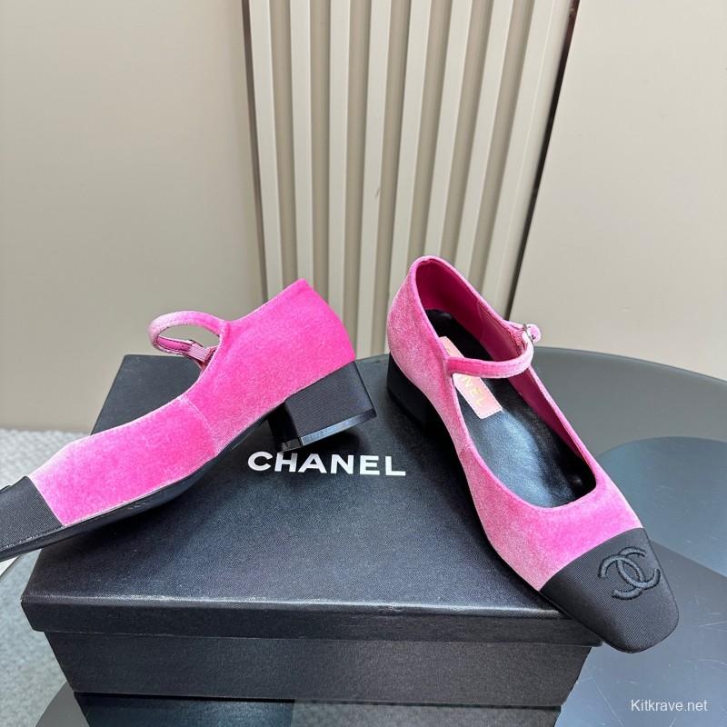 2025 Women Chanel Pink Black Velvet Mary Jane Shoes