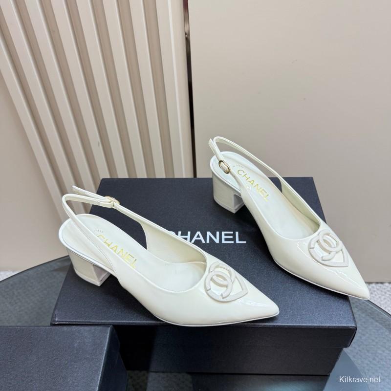 2025 Women Chanel White Patent Leather Slingback Pumps