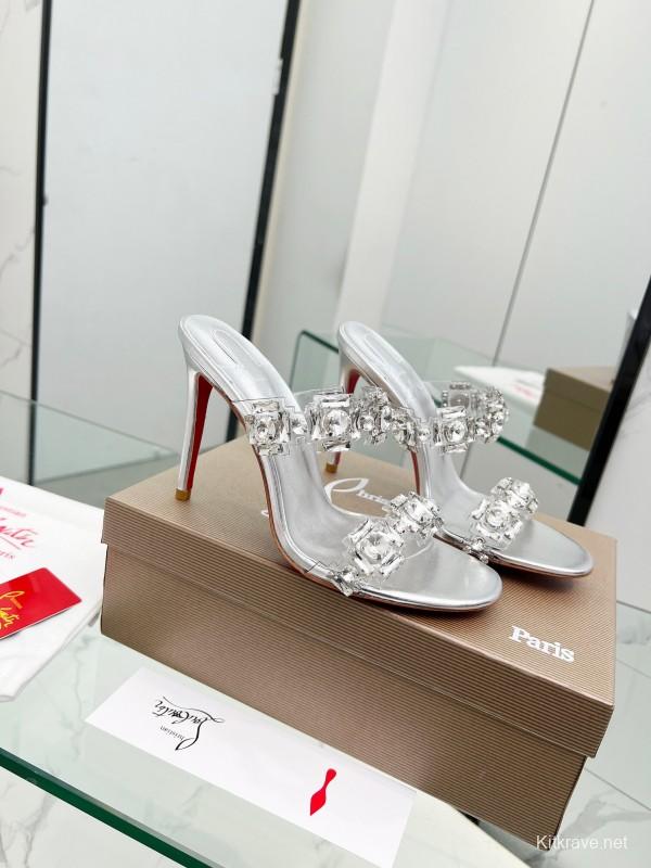 2025 Women Christian Louboutin Silver Leather High Heel Sandals Diamond Decoration LY00300