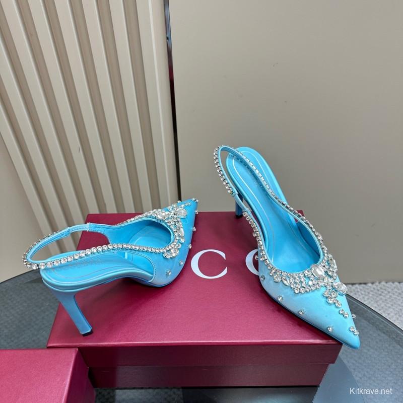 2025 Women Gucci Blue Silk Crystal Embellished Slingback High Heel KFY00340