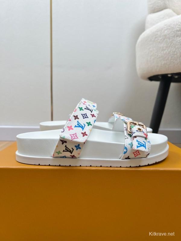2025 Women Louis Vuitton White Multicolor Canvas Slippers KFY00280