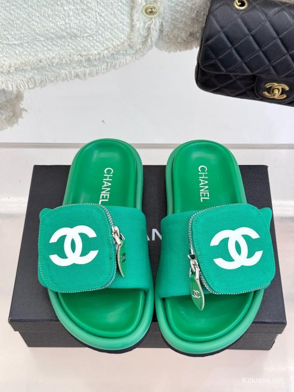 2025 Slippers Chanel Green Canvas Women Slippers KFY00220
